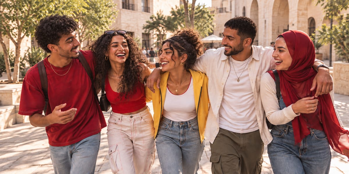Five friends walking together through a sunlit courtyard.