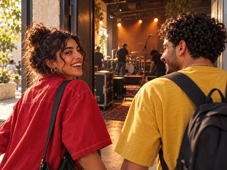 Two friends arriving at a live music venue.