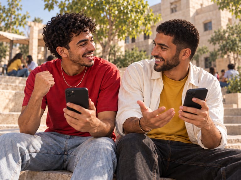 Two friends sitting outdoors, each holding a phone, sharing a competitive moment.