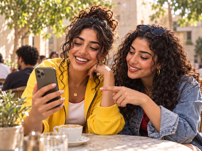 Two friends at an outdoor café looking at a phone together.